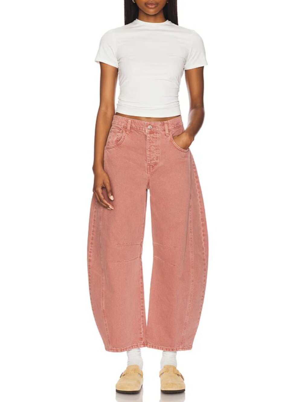 We the Free Good Luck Mid Rise Barrel Jeans in Sunsetter (dusty pink)